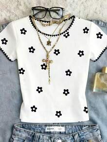 INAWLY Women's Floral Print Round Neck Short Sleeve Casual Cropped T-Shirt - White - View 3