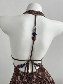 Elamini Nuevo vestido maxi de verano estilo bohemio vintage con estampado floral diminuto, volantes en capas, con decoración de cadena en la espalda y cuello halter casual, color marrón, adecuado para el Día de San Valentín, fiestas, actuaciones, citas, vacaciones en la playa - Marrón - Ver 3