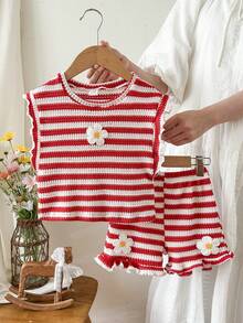 SHEIN 2件套女婴0-3岁春夏休闲日常度假针织黑白条纹荷叶袖圆领T恤和短裤套装 - 紅色 - 查看 1