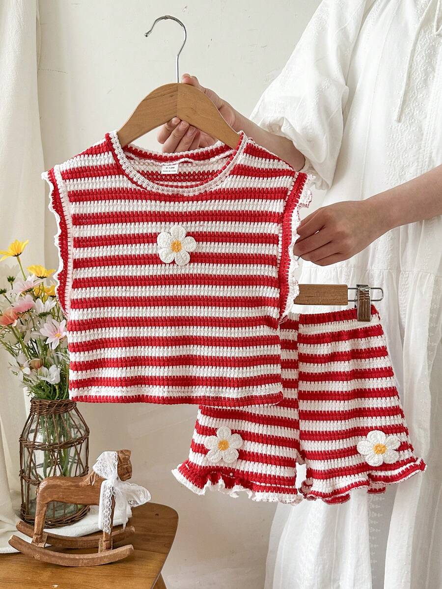 SHEIN 2件套女婴0-3岁春夏休闲日常度假针织黑白条纹荷叶袖圆领T恤和短裤套装 - 紅色 - 查看 1