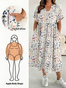 SHEIN Essnce 大码夏季休闲水彩花卉印花V领连衣裙 - 彩色 - 查看 1