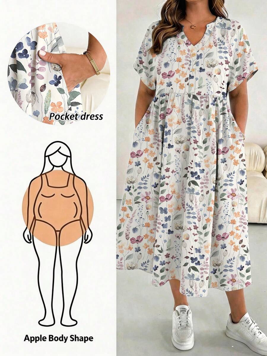 SHEIN Essnce 大码夏季休闲水彩花卉印花V领连衣裙 - 彩色 - 查看 1