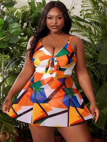 Slaydiva Plus Size Women's Color Block Ruched One-Piece Swimdress, Suitable For Summer Vacation & Beach - Orange - View 6