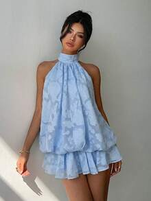 Aloruh Áo kiểu ren hồng hở lưng cổ yếm cho nữ, kiểu dáng ngọt ngào như nàng tiên, mềm mại, dáng rộng, thích hợp cho mùa hè. - Màu xanh nhạt - Xem 4