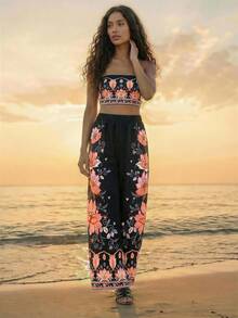 CAJUNI Conjunto de vacaciones con top bandeau corto y falda con estampado floral para mujer - Negro - Ver 7