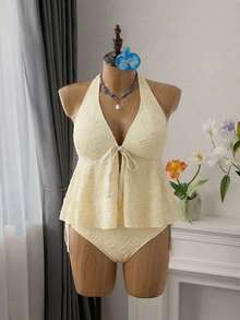 Swim Mod 2026 New Plus Size Women Casual Vacation Polka Dot Textured Halter Tankini Swimsuit Set, Suitable For Graduation, Wedding, Back To School, Easter Party - Khaki - View 6