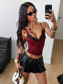 Coolane 女士秋冬四季基础款 Y2K 复古可爱日常穿搭撞色蕾丝蝴蝶结修身条纹背心 - 紅色 - 查看 4