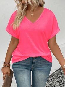 Women's V-Neck Turnup Sleeve Short Sleeve All-Match Versatile Plus Size T-Shirt, Spring/Summer - Coral Pink - View 4