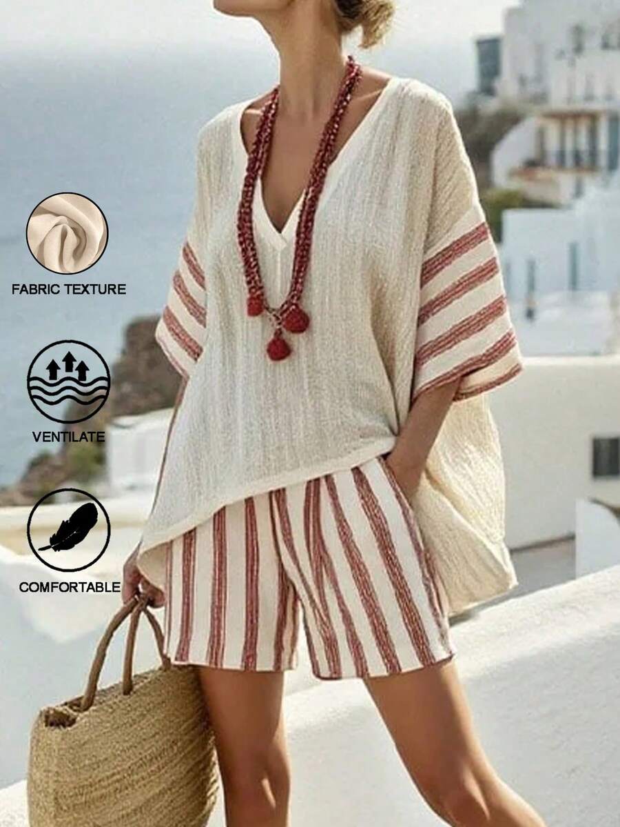 SHEIN Holidaya 女士新款V领宽松罩衫条纹拼接袖+高腰短裤两件套,女士度假套装,女士夏季波西米亚风套装,女士两件套休闲套装,女士夏季度假套装,女士沙滩装,女士夏季海岸风套装,女士两件套休闲沙滩装 - 杏色 - 查看 1