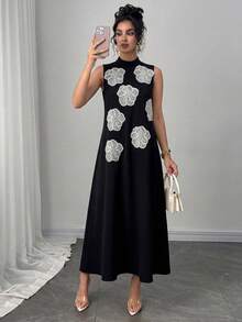 Modelyn 女士时尚优雅奢华3D立体花卉宽松长款A字连衣裙，浅黄色 - 黑色 - 查看 6