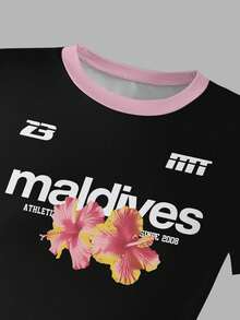 Top corto de punto ajustado, blusa estampada de moda para adolescentes, adecuada para primavera/verano combinada con jeans - Rosa Fucsia - Ver 3