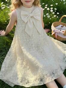SHEIN Girls' Sleeveless Solid Color Elegant Ruffle Collar Summer Dress - White - View 7