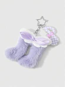ROMWE Kawaii Bộ 2 móc khóa hình hoạt hình dễ thương, tinh tế, mềm mại, đáng yêu, cao cấp, thuộc series lễ hội âm nhạc, màu tím + hồng, in hình ngôi sao hai mặt, nơ vải, cánh thiên thần bông xốp, biểu tượng âm thanh, acrylic hai màu kẻ caro, kim tuyến lấp lánh, thích hợp làm móc khóa túi xách, bộ kết hợp, phù hợp cho phụ nữ, bé gái, chị em gái, bạn gái, dùng hàng ngày, quà tặng ngày lễ. - Nhiều màu - 7 - Xem 9