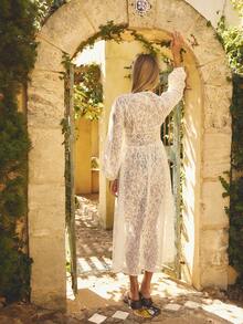 Aralina Vacation Festival Mesh Lace Boho Summer Spring Swim Floral Lace Beach Cover Up Maxi Dress Sexy White - Apricot - View 2