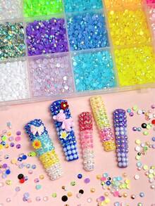 1 boîte de charms à ongles en résine de couleurs mélangées au hasard, strass, diamants plats Aurora Glow, mini pierres rondes avec pinces et stylo pour artisanat DIY, décoration de manucure - Multicolore - Voir 3