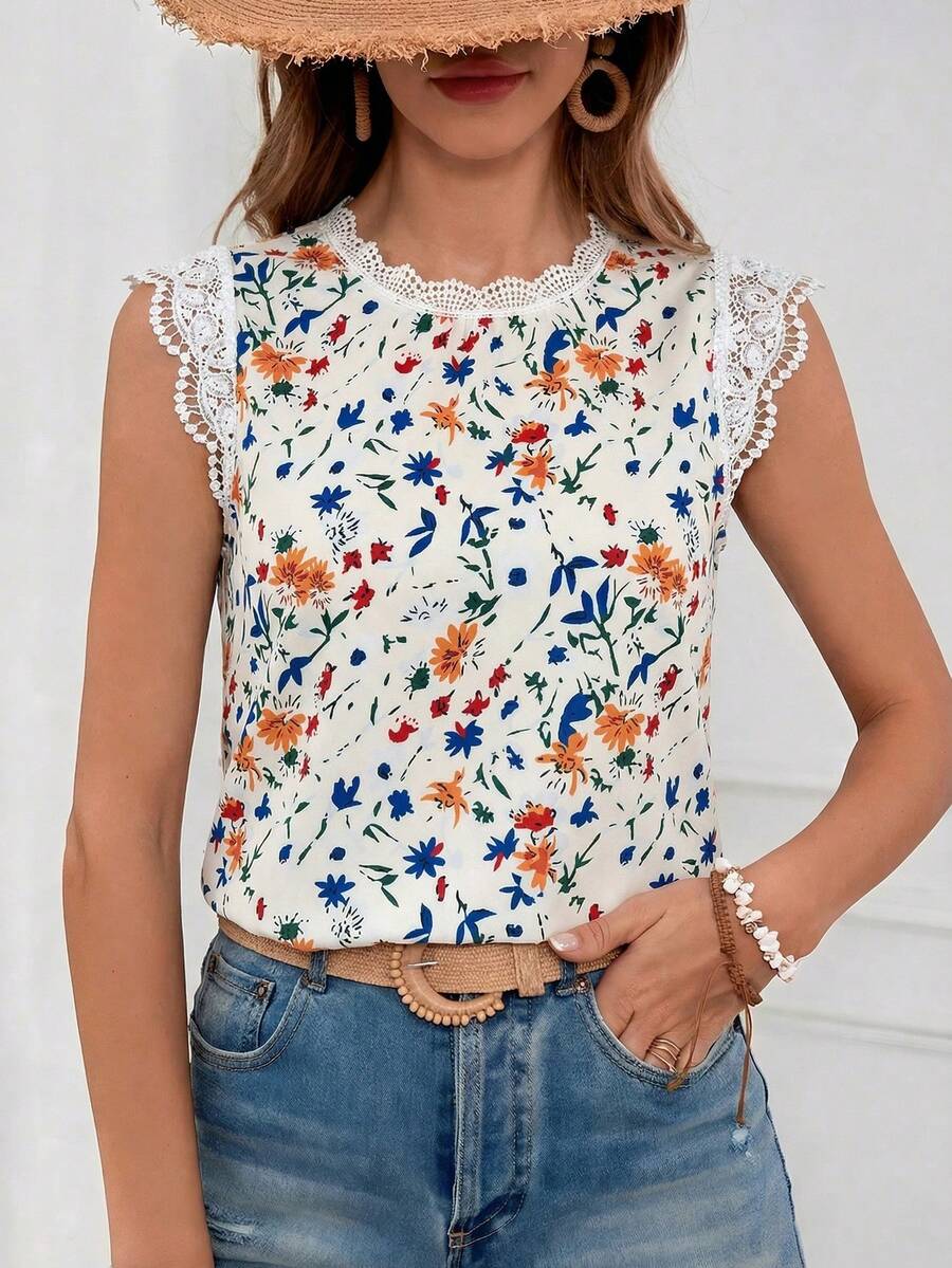 SHEIN VCAY Áo sơ mi nữ in họa tiết toàn thân, kiểu dáng thường ngày, đa năng. - Vàng nhạt - Xem 1