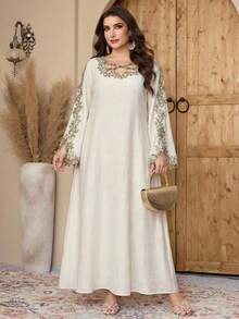 SHEIN Najma Plus Size Women Elegant Embroidered Applique Flare Sleeve Arabic Style Dress - Apricot - View 6