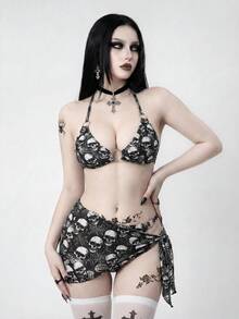 ROMWE Bộ bikini hai mảnh buộc cổ in hình đầu lâu kiểu Gothic dành cho nữ, thích hợp cho mùa hè. - màu đen - Xem 1