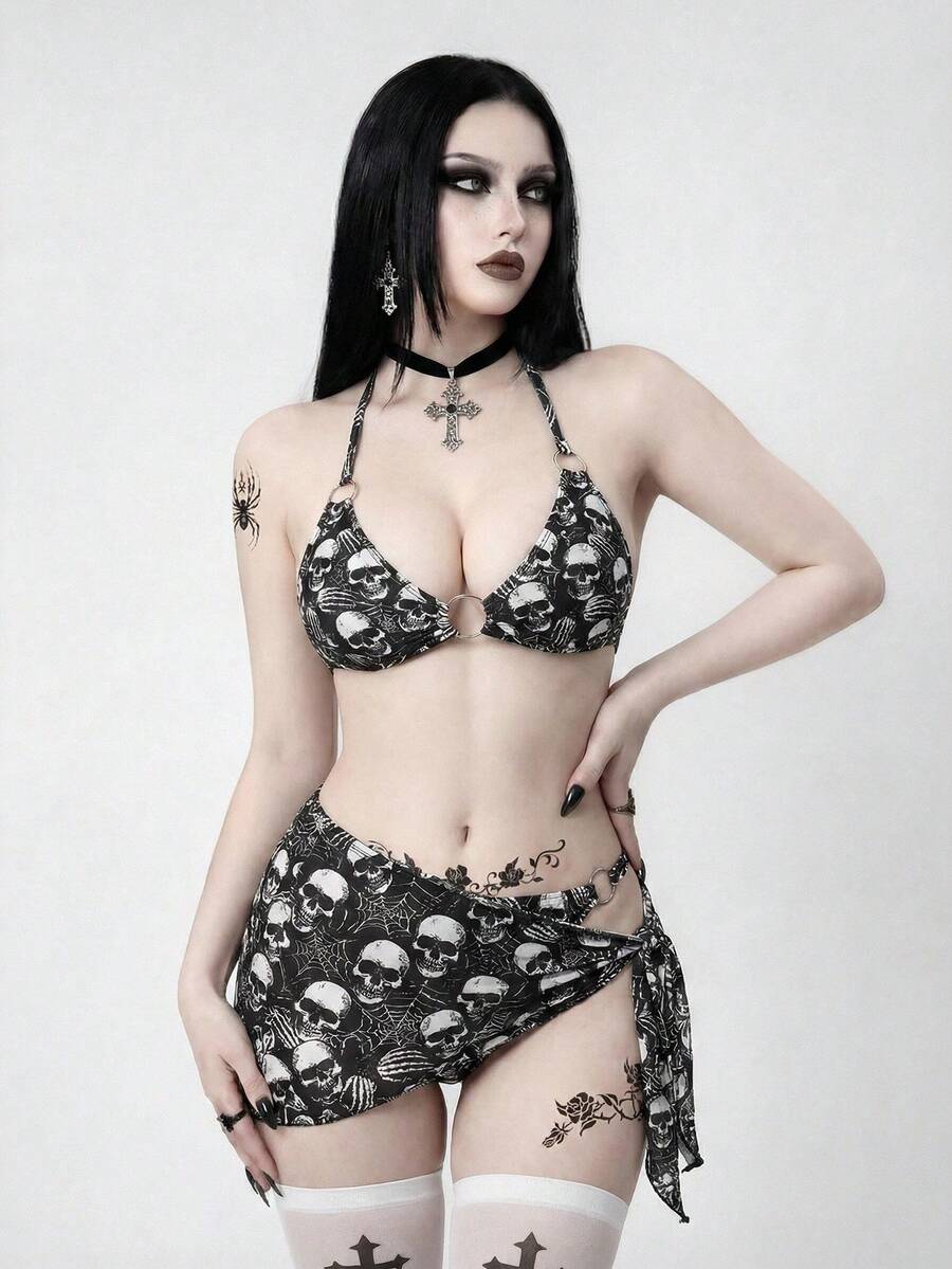 ROMWE Bộ bikini hai mảnh buộc cổ in hình đầu lâu kiểu Gothic dành cho nữ, thích hợp cho mùa hè. - màu đen - Xem 1