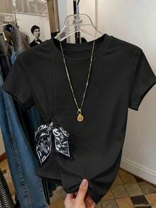 Franclia Camiseta de manga corta de mujer con cuello redondo y decoración de lazo, versátil para uso diario casual - Negro - Ver 6