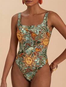 Travachic 1pc Women Abstract Line Star Print Square Neck One-Piece Swimsuit,Teal And Brown,Summer,Boho,Beach,Holiday,Holiday Bathing Suits For Vacation Outfits - Multicolor - View 5