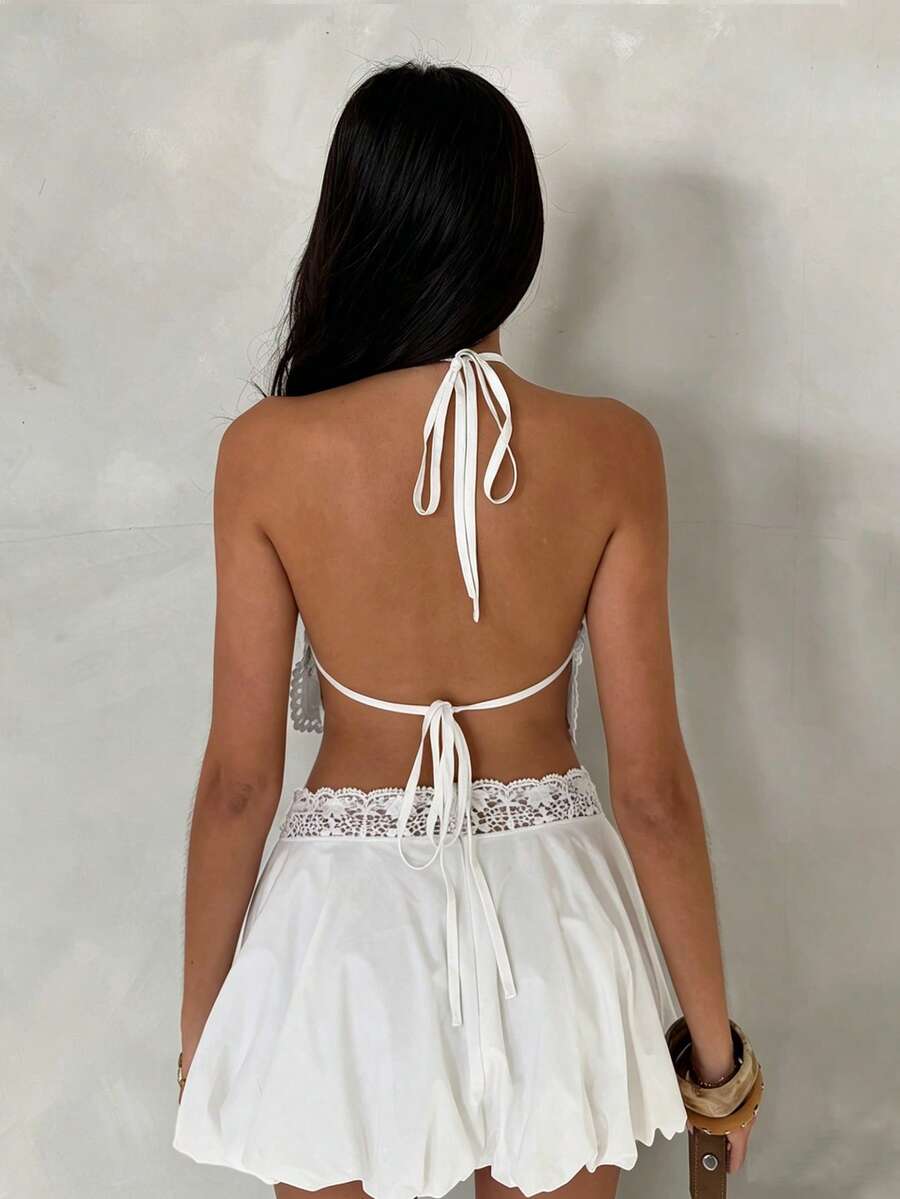 Glamine Charm Áo kiểu nữ thời trang mới, chất liệu cotton nguyên chất, màu trơn, có ren, thích hợp cho tiệc tùng, đi biển, kỳ nghỉ. Áo kiểu cổ yếm màu trắng ngọc trai thanh lịch dành cho nữ. - trắng - Xem 1