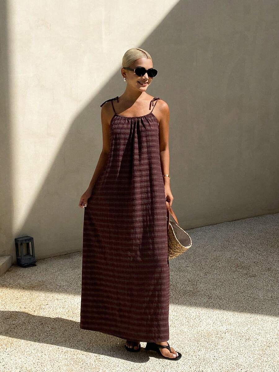 Livesso 女士条纹印花扭结肩带休闲长裙 - 棕色 - 查看 1