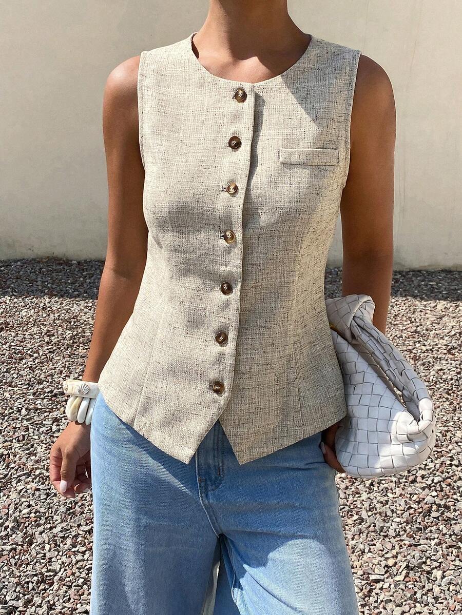 Livesso 女士休闲前扣圆领背心外套，夏季 - 杏色 - 查看 1