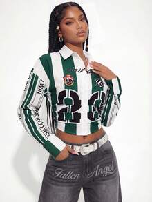 Gowayae 女士优雅运动条纹翻领单排扣长袖修身衬衫，春秋季 - 彩色 - 查看 5