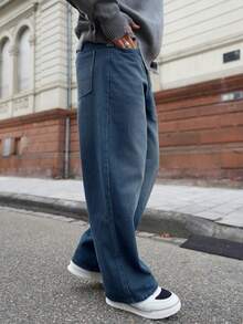 Artur Kramer 1 pieza Pantalones vaqueros casuales de pierna ancha, sueltos y con lavado vintage para hombres (sin cinturón ni accesorios) - azul real - Ver 5