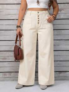 EMERY ROSE Plus Size Casual Everyday Patch Pocket Solid Color Wide Leg Jeans - Apricot - View 2