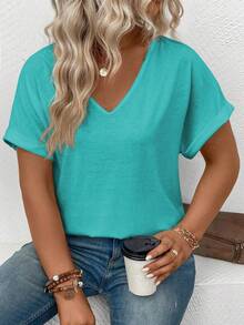 EMERY ROSE Camiseta versátil de manga corta con cuello en V y puños vueltos, de talla grande, para mujer, para primavera/verano - Azul - Ver 5