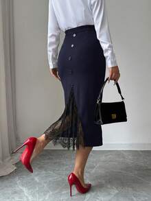 Elenzga Plus Size Women's Spring/Summer Button Decor Split Lace Patchwork Casual Midi Skirt - Navy Blue - View 6