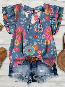EMERY ROSE Plus Size Women Casual Vacation Hand-Painted Floral Pattern Round Neck Double-Layer Ruffle Sleeve Bowknot Back Design Elegant Loose Blouse, Summer - Multicolor - View 4