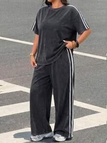 Muchica Plus Size Summer Casual Contrast Stripe T-Shirt And Pants 2 Pieces Set Gym Brown - Black - View 5