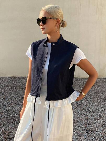DAZY Color Block Floral Trim Loose Tie Casual Vacation Summer Jacket Vest For Women