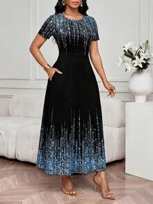 SHEIN Lady 女士亮面印花圆领短袖优雅连衣裙 - 彩色 - 查看 4