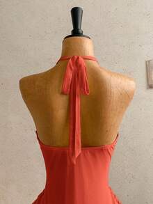 Vestido mini con estampado floral, diseño de lazo y escote halter, para vacaciones - Naranja Coral - Ver 6