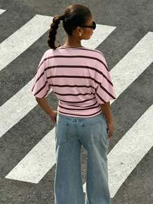 Muchica Plus Size Women Striped Casual Waist Cinched T-Shirt - White - View 2