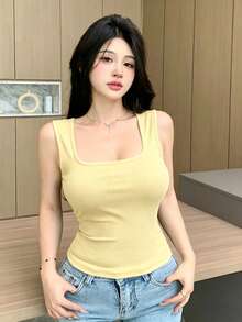 DAZY Wide Strap Padded Camisole, Versatile Undershirt For Women, Suitable For All Seasons - Yellow - View 5