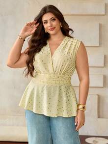 Roveilla Plus Size Women's Elegant Summer Butter Yellow Foil Print Sleeveless Blouse, Vintage A-Line Shirred Shoulder Ruched Cinched Waist Peplum Tops Brunch - Yellow - View 6