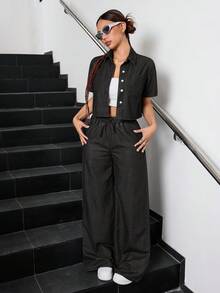 SHEIN 2件套少女海军蓝牛仔短袖露脐上衣和宽松裤 - 黑色 - 查看 4