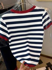 Resyla Kaos Wanita Kasual Bergaris Motif Huruf Leher Bulat Lengan Pendek, Musim Panas - MultiWarna - View 2
