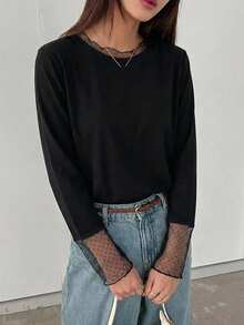 FRIFUL Solid Color Patchwork Sheer Polka Dot Mesh Fabric Loose Casual Versatile T-Shirt - Black - View 9