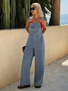 Quần yếm denim dáng rộng bằng cotton dành cho nữ, thích hợp cho mùa xuân và mùa hè. - Rửa tối - Xem 3