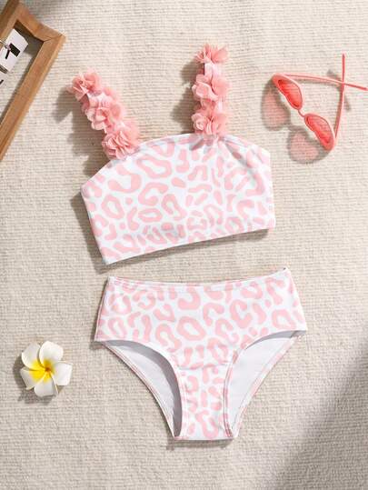 SHEIN Ropa de playa para niña, traje de baño de una pieza con tirantes finos con estampado de leopardo y decoración floral 3D, conjunto de ropa de baño colorida y casual de moda para el verano
