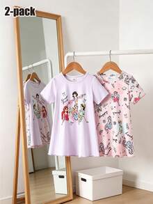 2pcs Baby Girls' Cute Cloud Sleeping Pattern Full Cloud Print Cuff Hem Nightgown Set - Multicolor - View 4