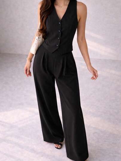 Conjunto chaleco sastre pantalón palazzo tiro alto elegante casual oficina moda femenina