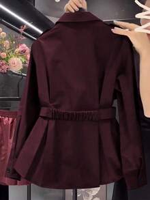 Franclia Women's Fashionable Casual Cinched Waist Trench Coat - Burgundy - View 2