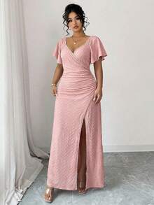 Elenzga 女士V领荷叶边袖腰部褶裥开衩连衣裙，优雅伴娘礼服，派对礼服，质感弹力面料，春夏款 - 粉色 - 查看 4